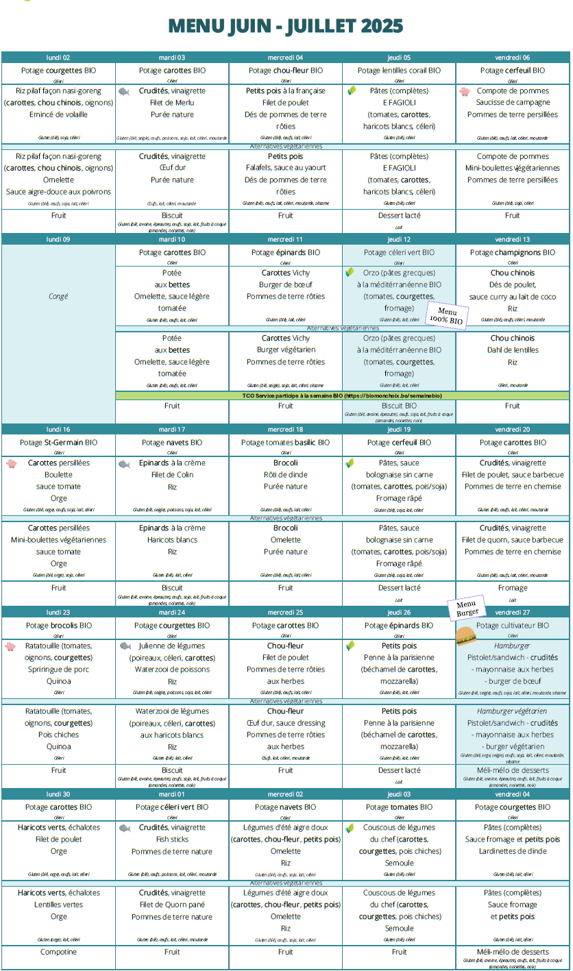 Menu du mois de Juin et Juillet