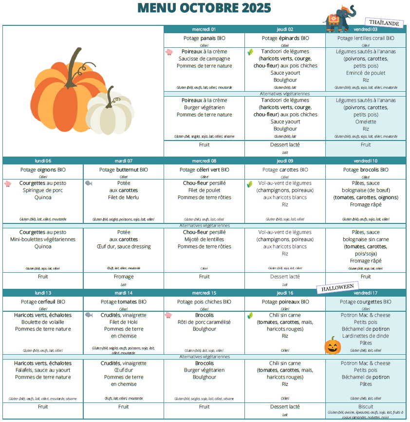 Menu du mois d'Octobre