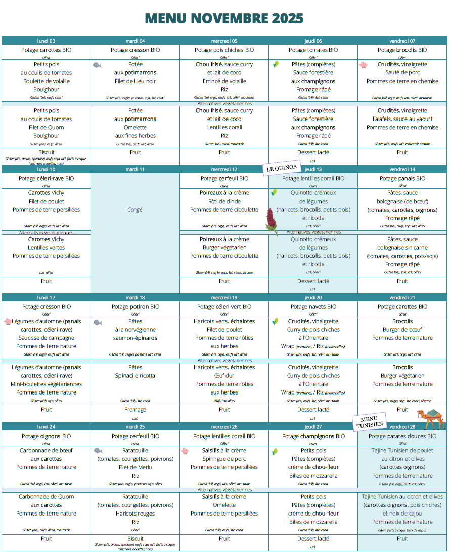 Menu des mois de Novembre